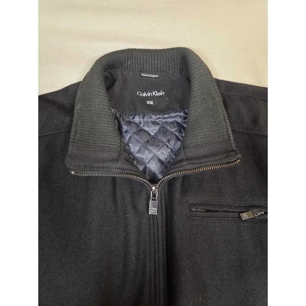 Vintage Calvin Klein Wool Bomber Jacket‎ Men’s 2XL Black Collared Designer Coat